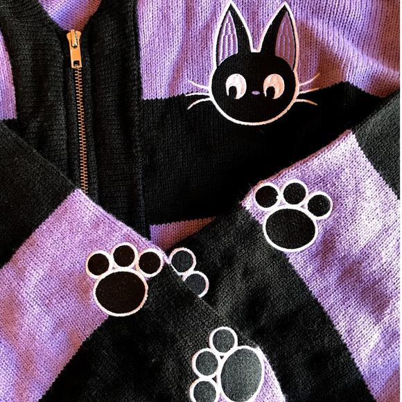 Kikis Delivery Service JiJi Black Cat Purple and Black Stripe Zip Cardigan sz S - Picture 5 of 8